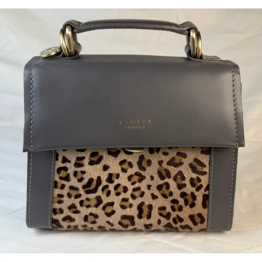 Radley London Gray Leather Leopard Haircalf Crossbody Satchel Bag